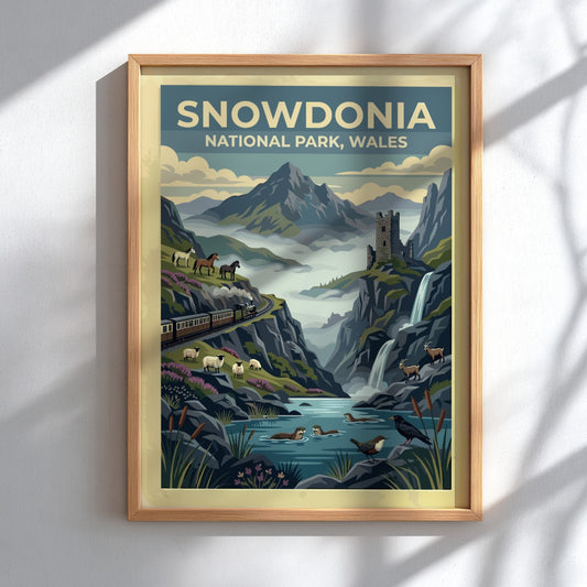 Travel poster of Snowdonia National Park Wales featuring mountains, a train, and ruins.