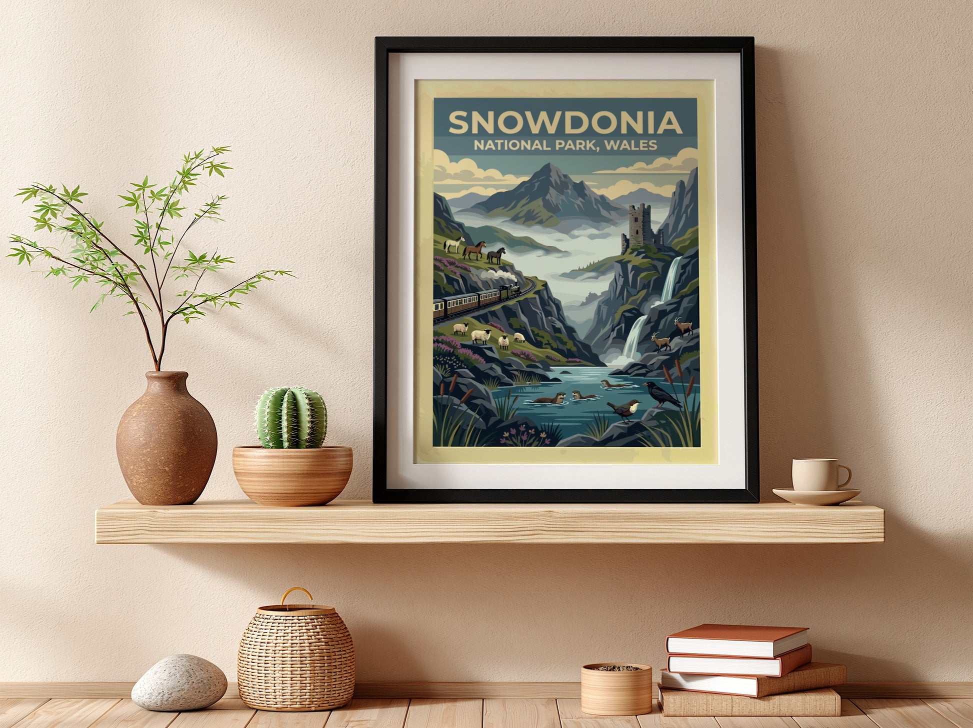 Travel poster of Snowdonia National Park Wales featuring mountains, a train, and ruins.