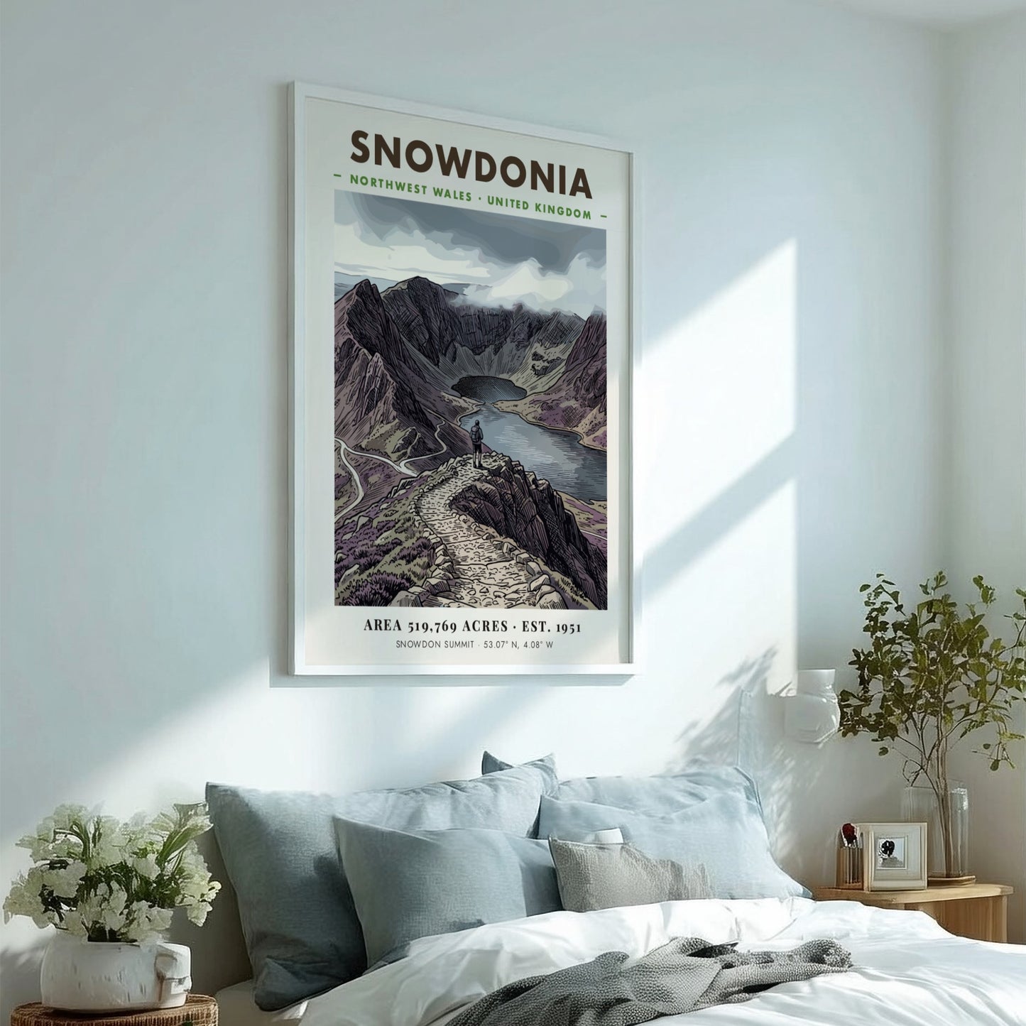 Poster featuring a hiker overlooking the dramatic, purple-toned mountains of Snowdonia, Wales, in