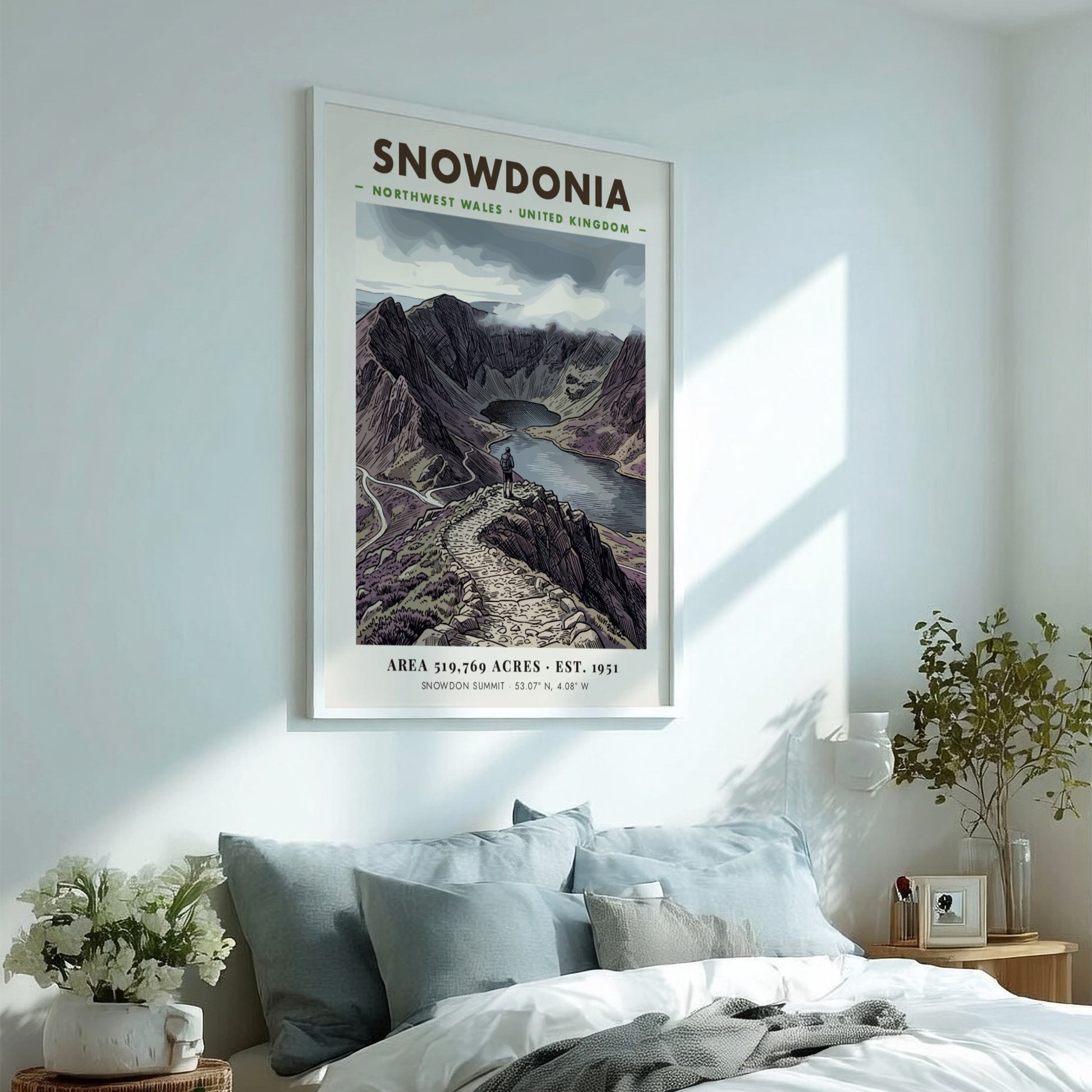 Poster featuring a hiker overlooking the dramatic, purple-toned mountains of Snowdonia, Wales, in