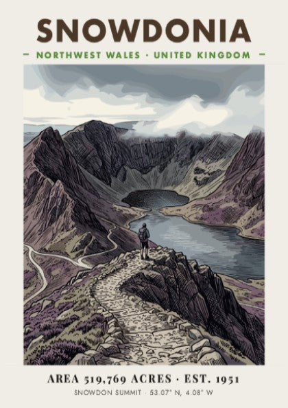 Poster featuring a hiker overlooking the dramatic, purple-toned mountains of Snowdonia, Wales, in