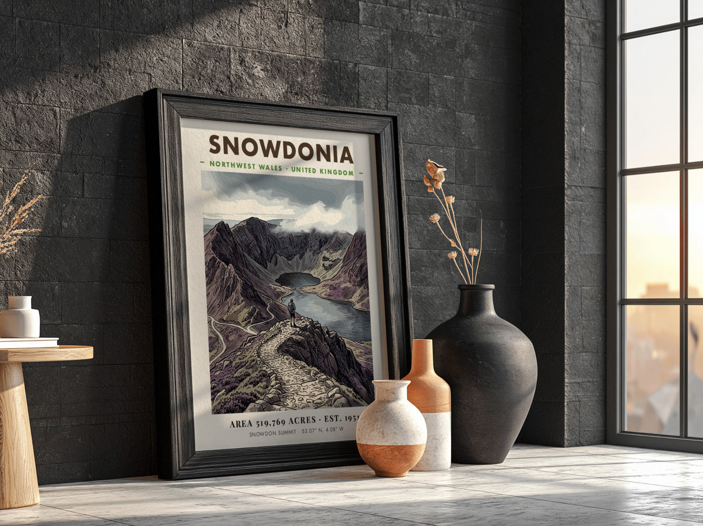 Poster featuring a hiker overlooking the dramatic, purple-toned mountains of Snowdonia, Wales, in