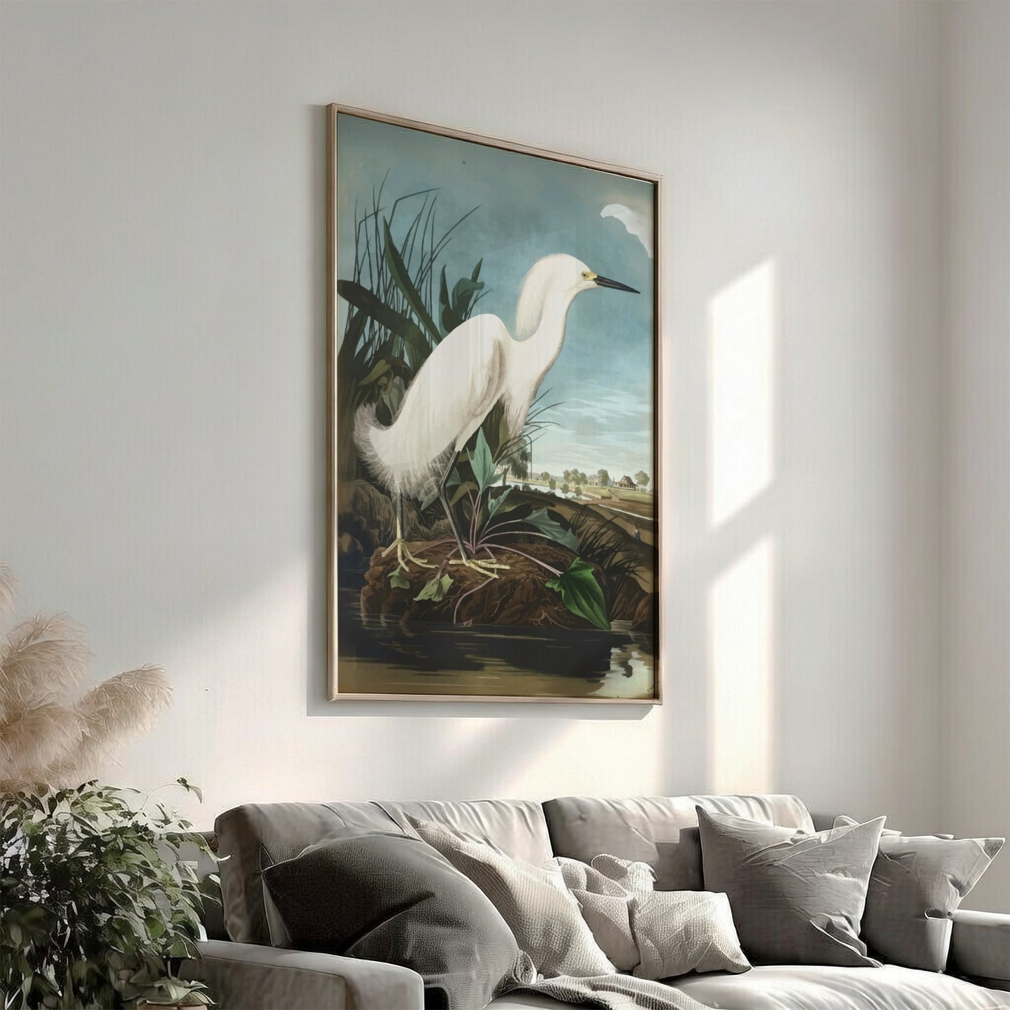 Snowy Heron poster featuring vintage bird art in soft colors, ideal for nature decor and wall print.