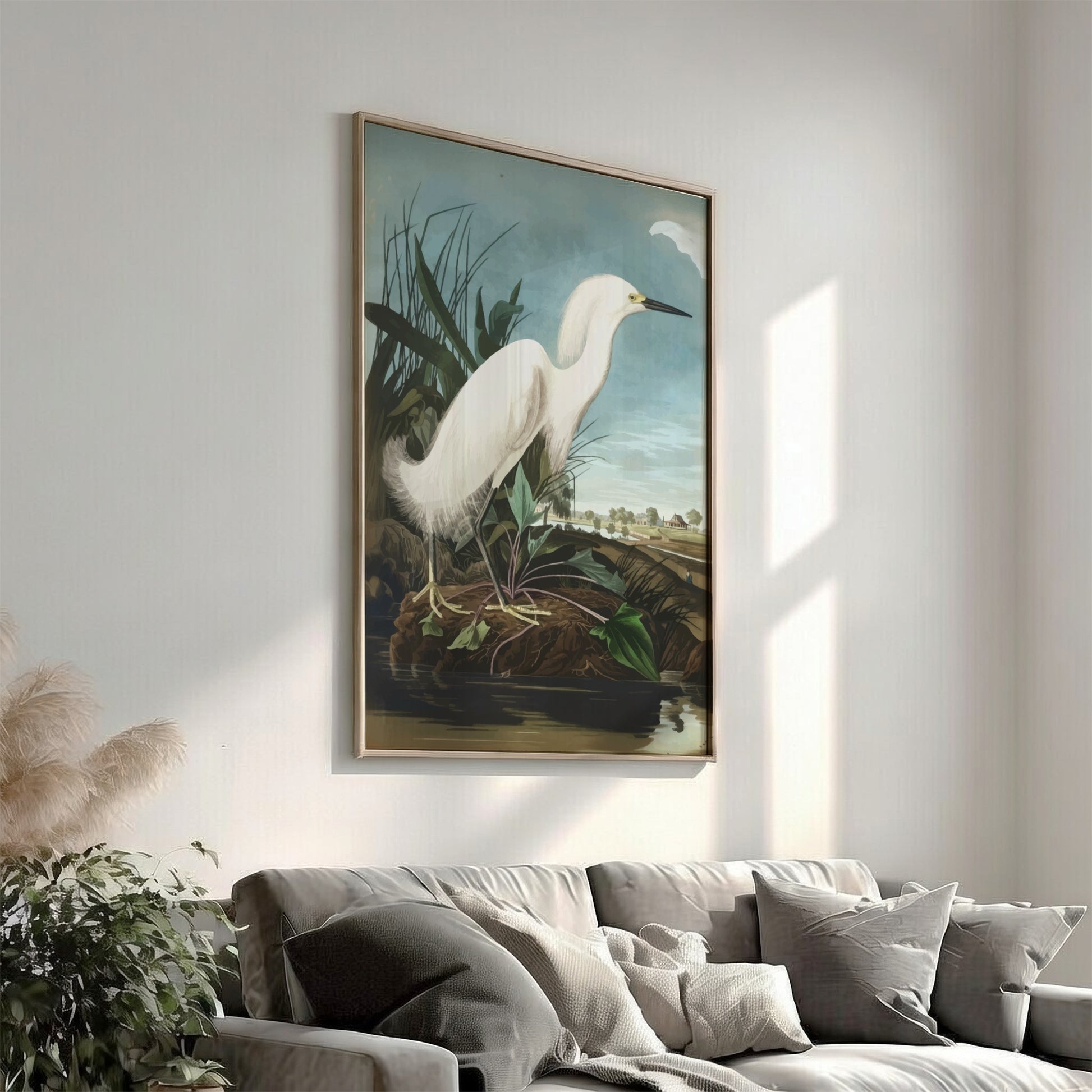 Snowy Heron poster featuring vintage bird art in soft colors, ideal for nature decor and wall print.
