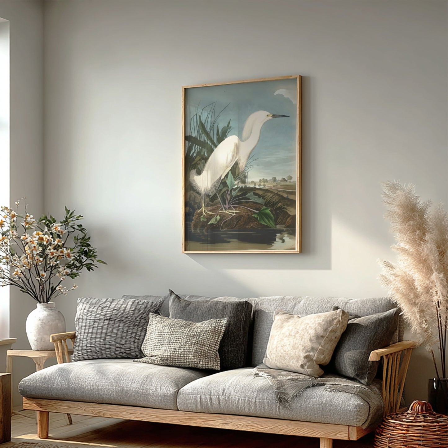 Snowy Heron poster featuring vintage bird art in soft colors, ideal for nature decor and wall print.