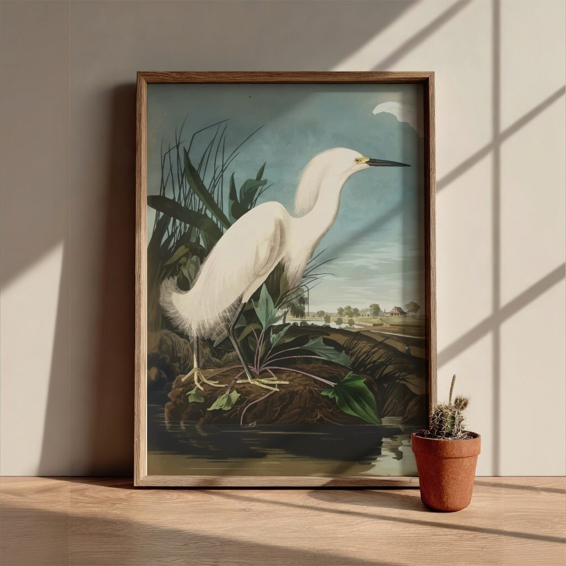 Snowy Heron poster featuring vintage bird art in soft colors, ideal for nature decor and wall print.