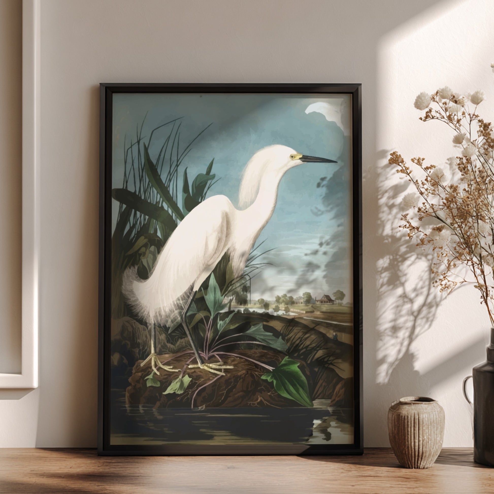 Snowy Heron poster featuring vintage bird art in soft colors, ideal for nature decor and wall print.
