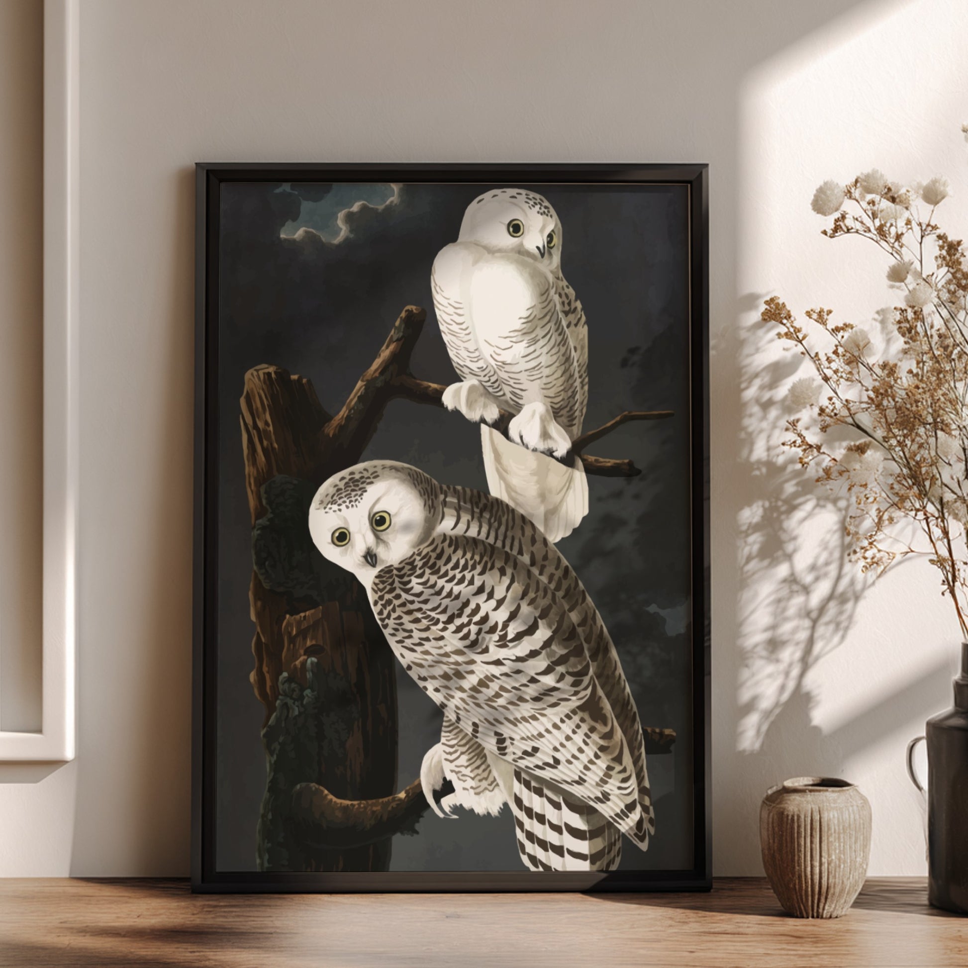 Snowy Owl art poster featuring detailed illustration, white colors, nature theme, and wildlife decor