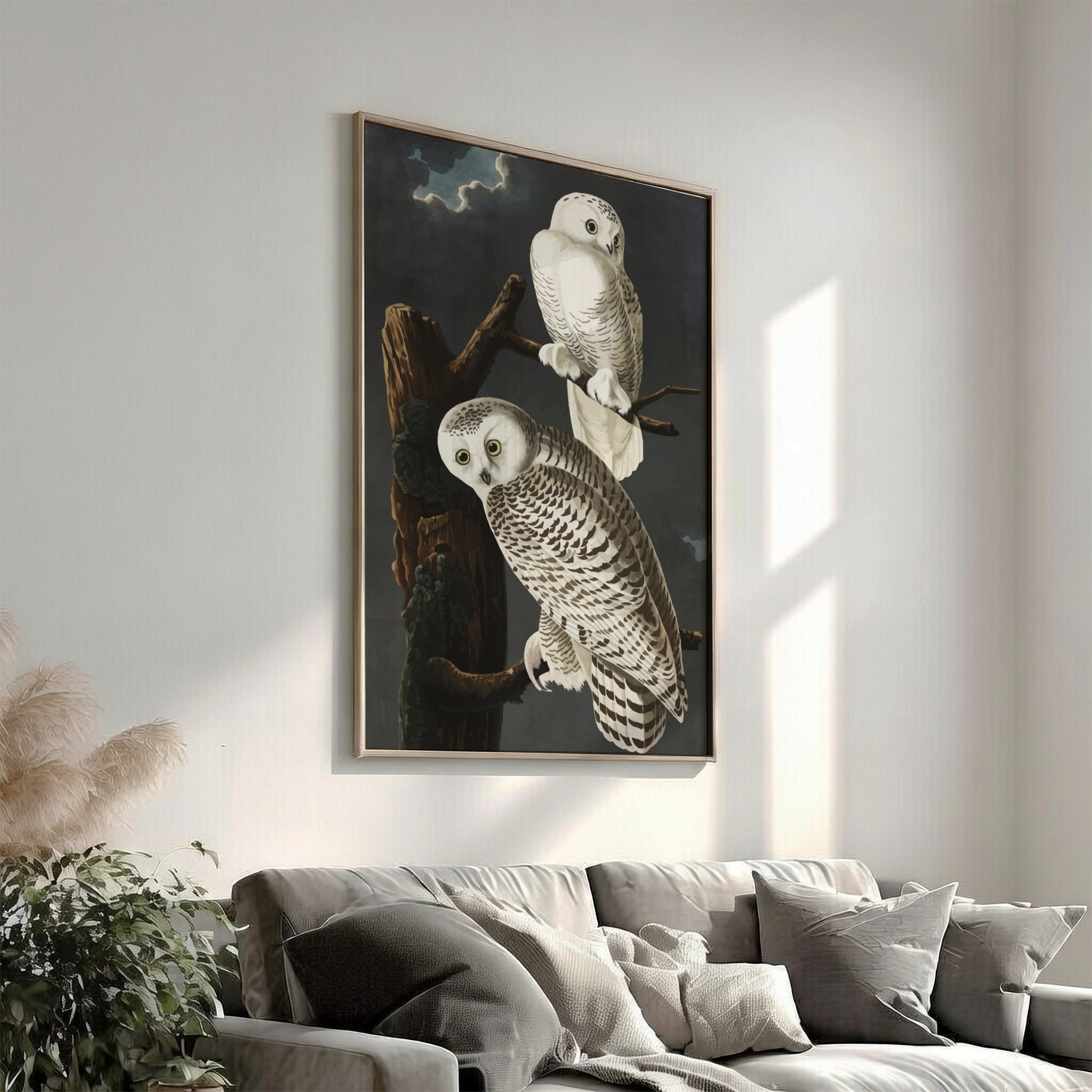 Snowy Owl art poster featuring detailed illustration, white colors, nature theme, and wildlife decor