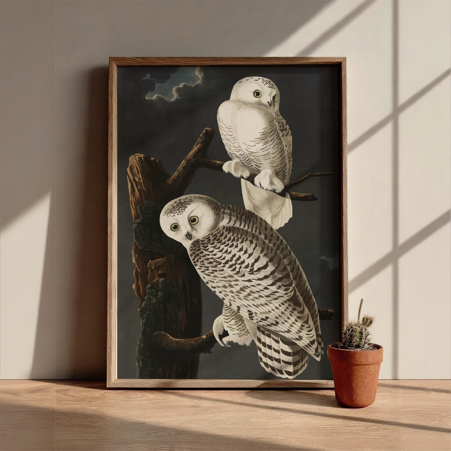 Snowy Owl art poster featuring detailed illustration, white colors, nature theme, and wildlife decor