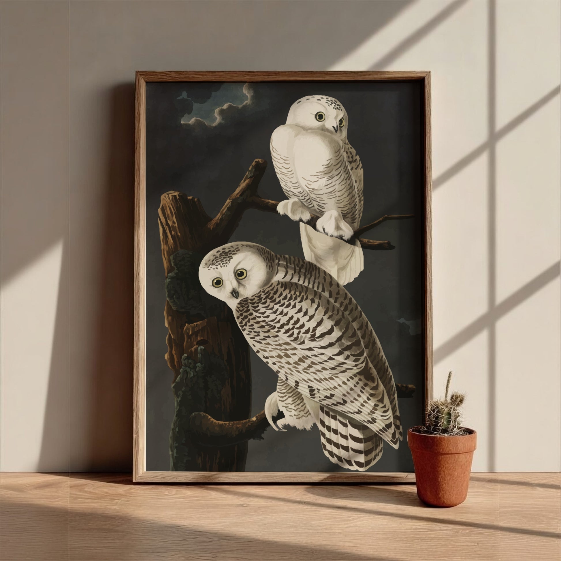 Snowy Owl art poster featuring detailed illustration, white colors, nature theme, and wildlife decor