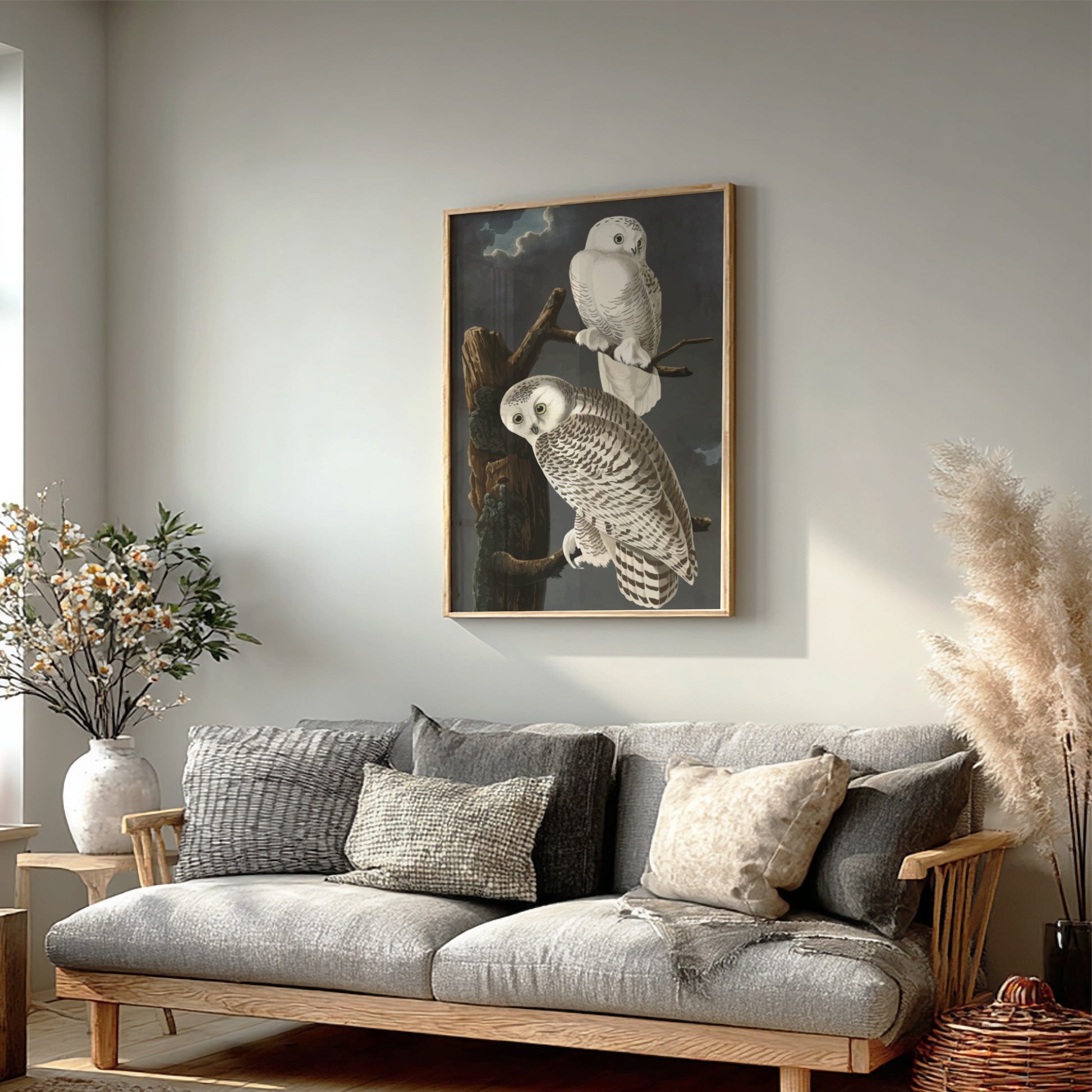 Snowy Owl art poster featuring detailed illustration, white colors, nature theme, and wildlife decor