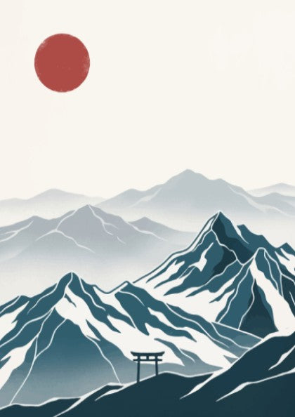 Poster featuring snowy mountain peaks with a traditional torii gate and red sun.