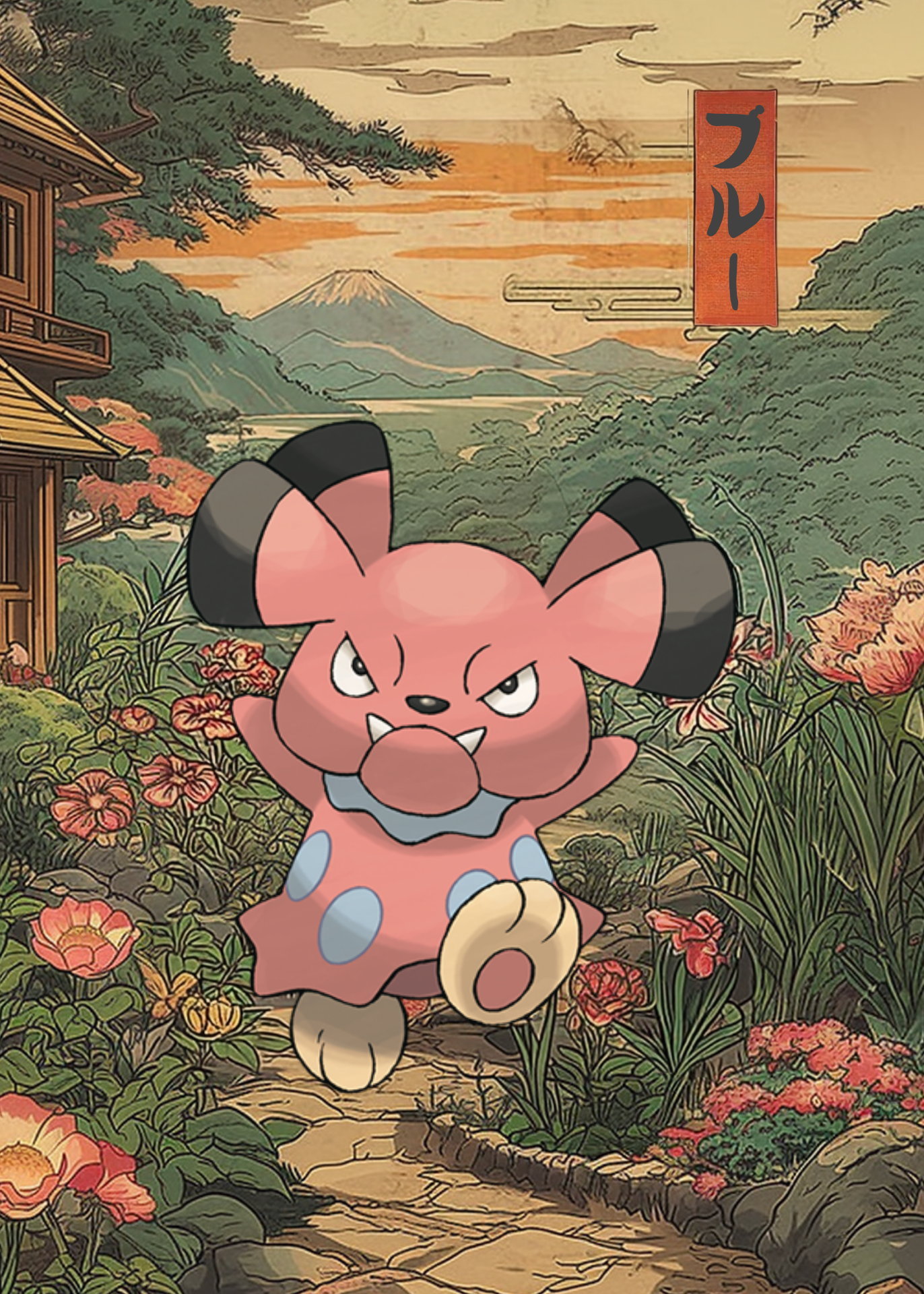 Snubbull Pokémon in a traditional Japanese setting with Mount Fuji in the background