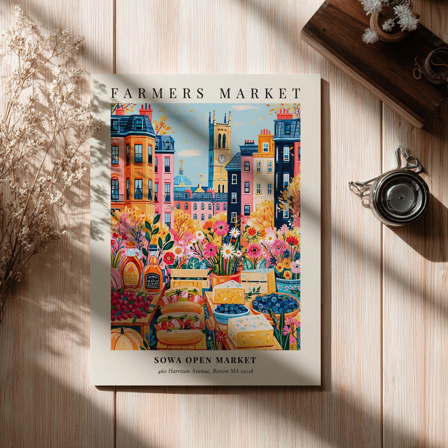 Farmers market poster featuring vibrant colors and a lively Boston scene with fresh produce and flowers