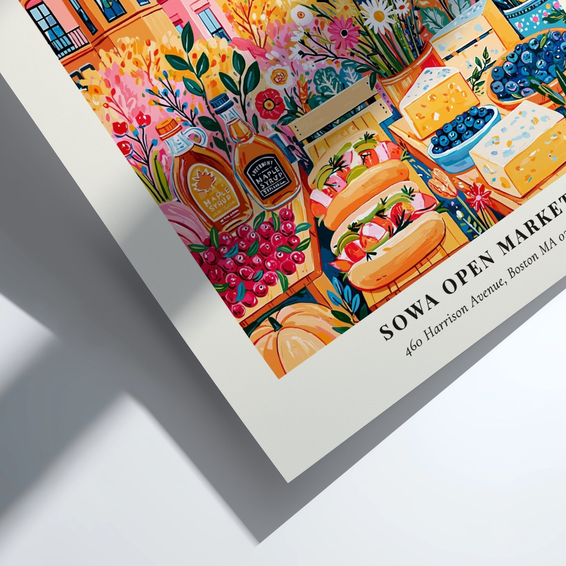 Farmers market poster featuring vibrant colors and a lively Boston scene with fresh produce and flowers