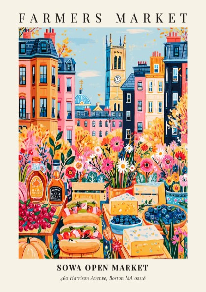 Farmers market poster featuring vibrant colors and a lively Boston scene with fresh produce and flowers