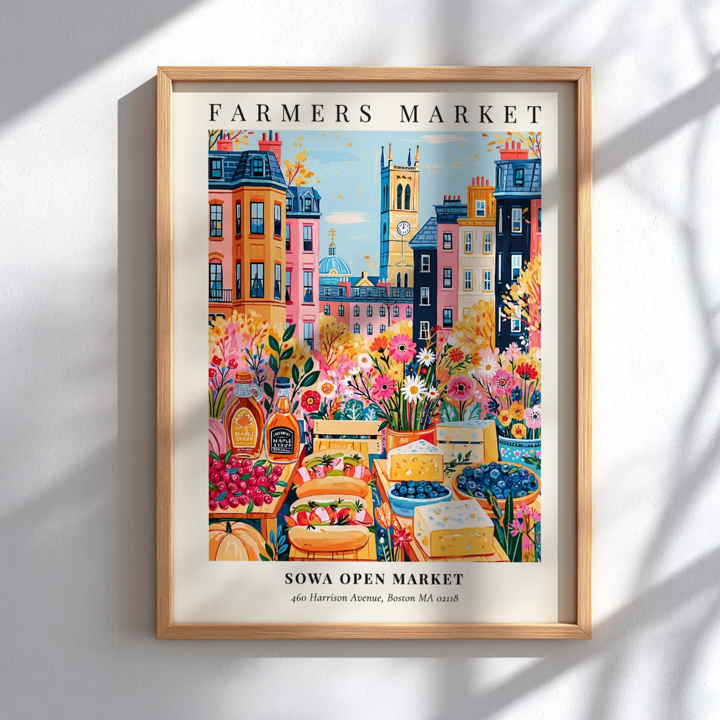 Farmers market poster featuring vibrant colors and a lively Boston scene with fresh produce and flowers