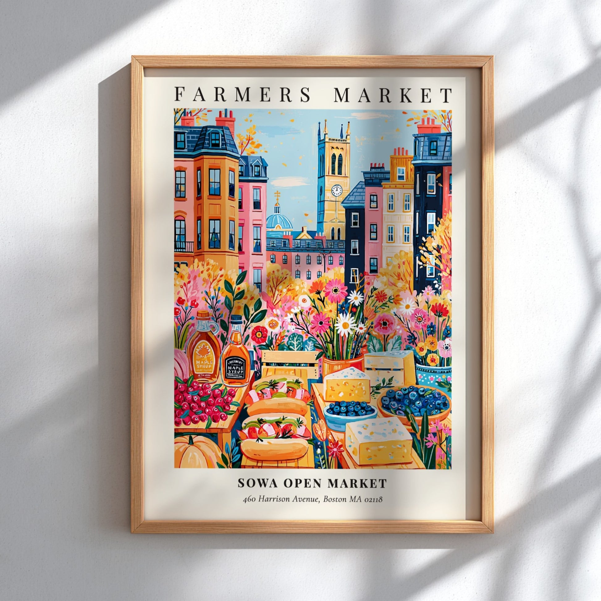 Farmers market poster featuring vibrant colors and a lively Boston scene with fresh produce and flowers