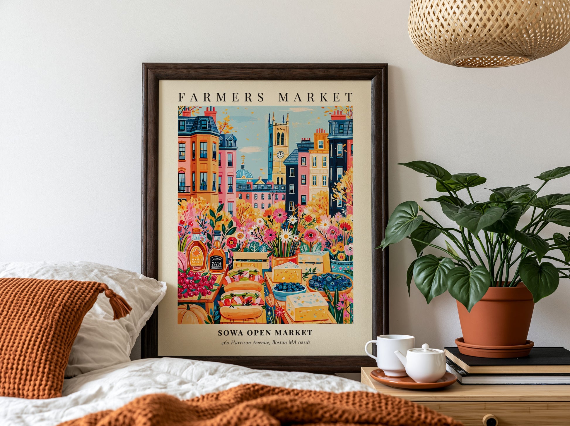Farmers market poster featuring vibrant colors and a lively Boston scene with fresh produce and flowers