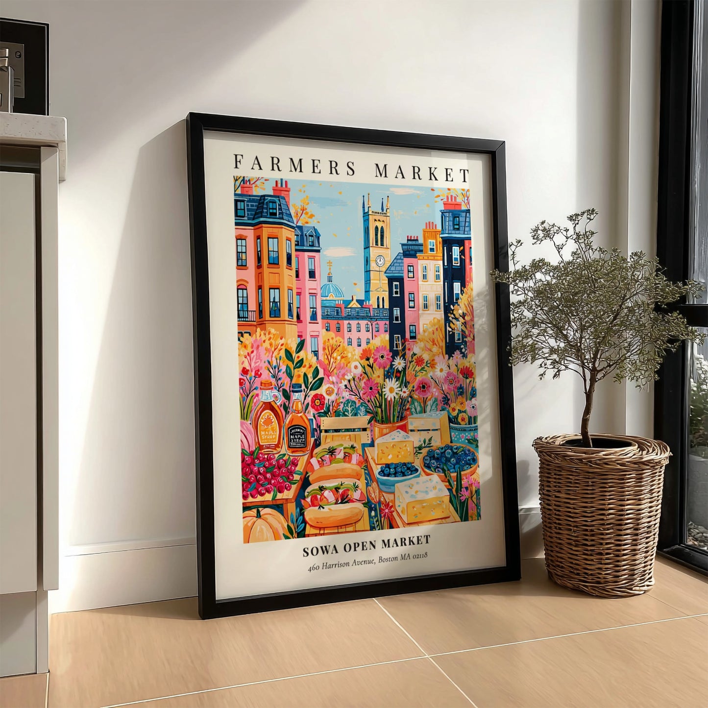 Farmers market poster featuring vibrant colors and a lively Boston scene with fresh produce and flowers