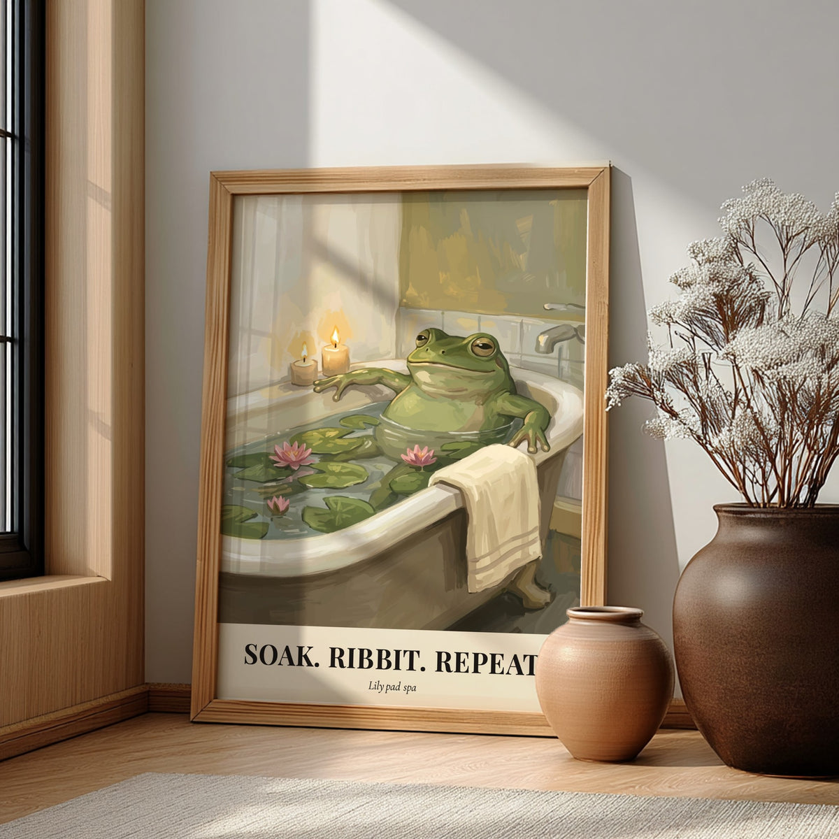 Poster of a green frog relaxing in a bathtub filled with lily pads candles.