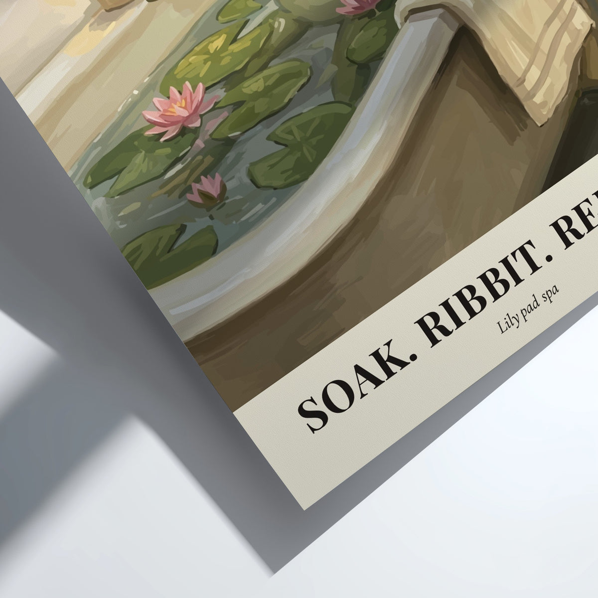 Poster of a green frog relaxing in a bathtub filled with lily pads candles.