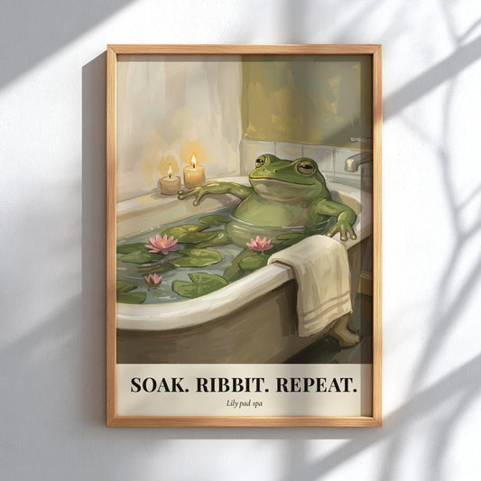 Poster of a green frog relaxing in a bathtub filled with lily pads candles.