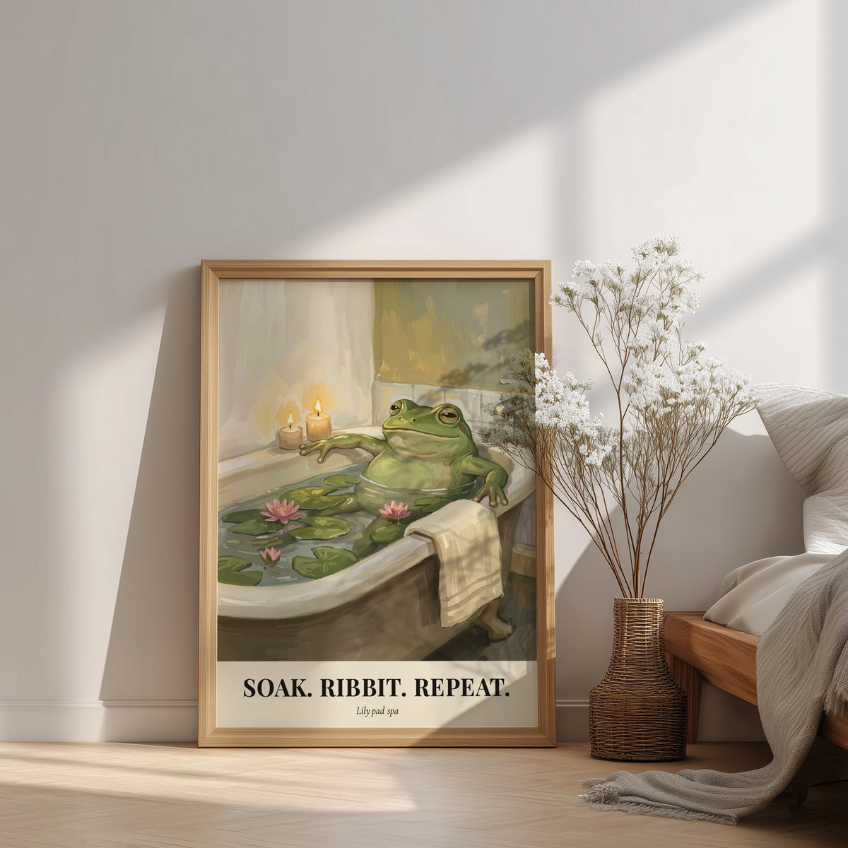 Poster of a green frog relaxing in a bathtub filled with lily pads candles.