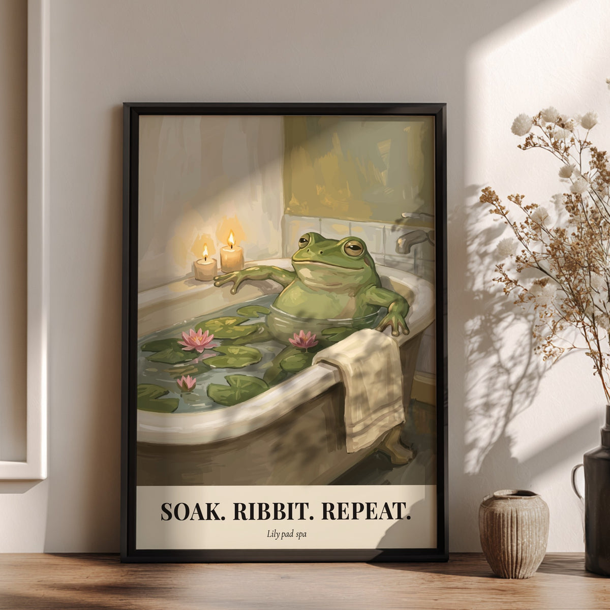 Poster of a green frog relaxing in a bathtub filled with lily pads candles.