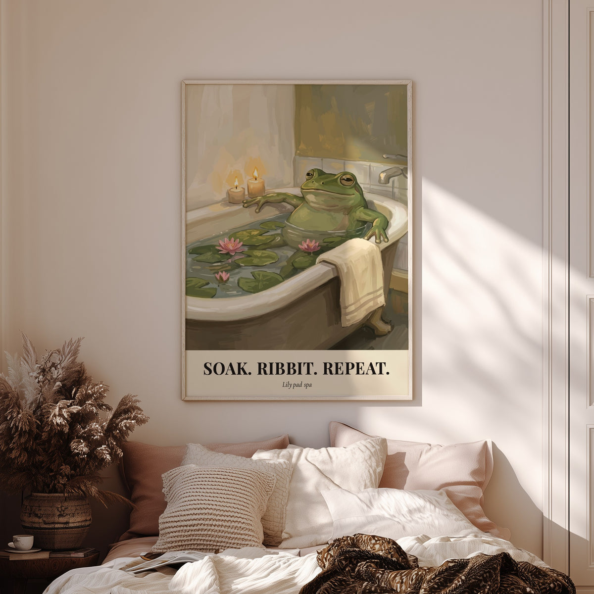 Poster of a green frog relaxing in a bathtub filled with lily pads candles.