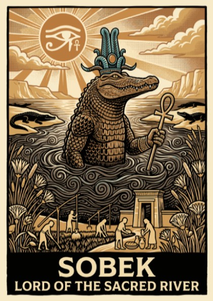 Poster featuring the Egyptian god Sobek rising from a river under the sun.