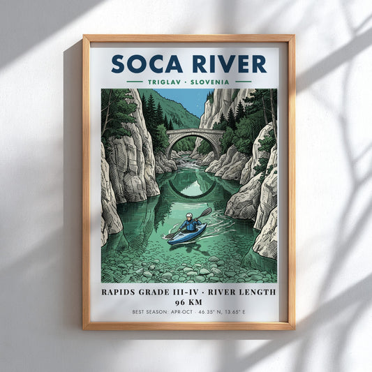 Poster of a kayaker on the turquoise Soca River beneath a stone bridge