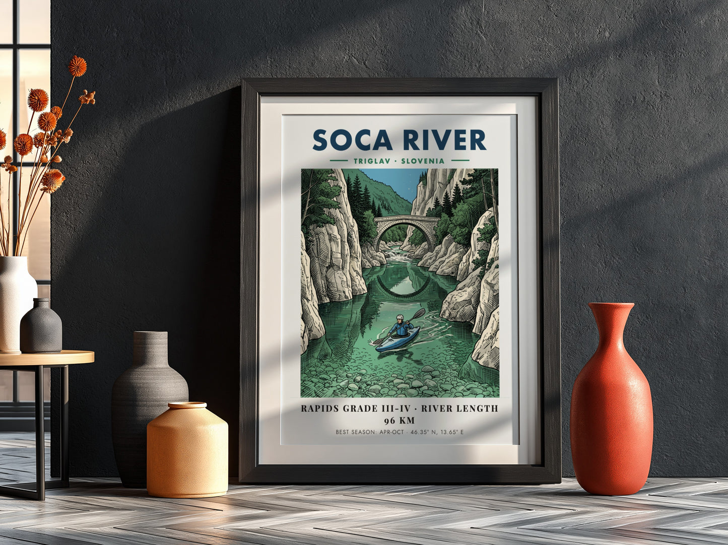 Poster of a kayaker on the turquoise Soca River beneath a stone bridge
