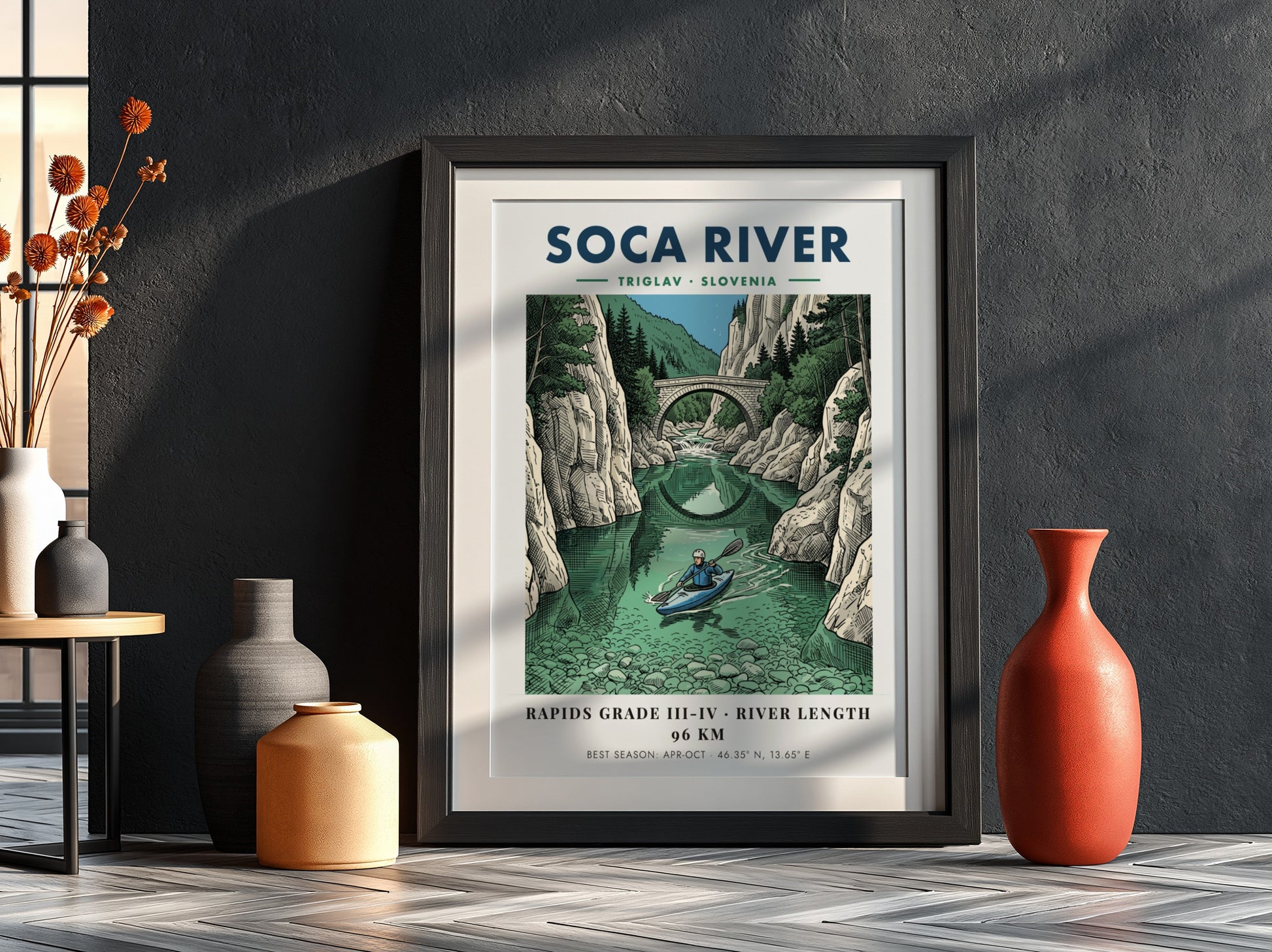 Poster of a kayaker on the turquoise Soca River beneath a stone bridge