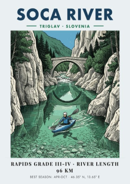 Poster of a kayaker on the turquoise Soca River beneath a stone bridge