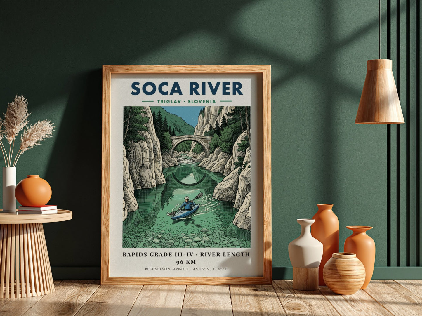 Poster of a kayaker on the turquoise Soca River beneath a stone bridge