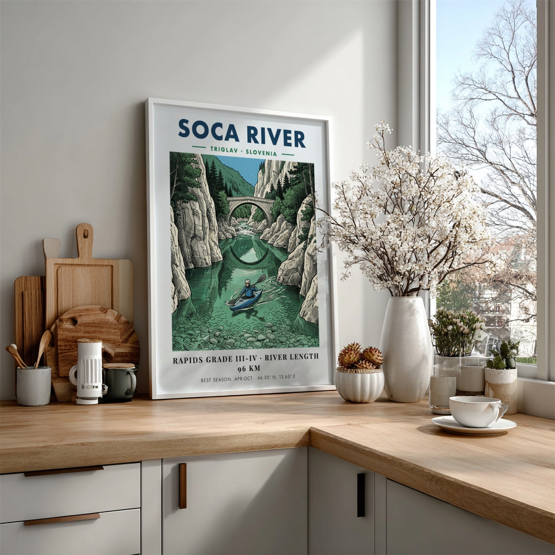 Poster of a kayaker on the turquoise Soca River beneath a stone bridge