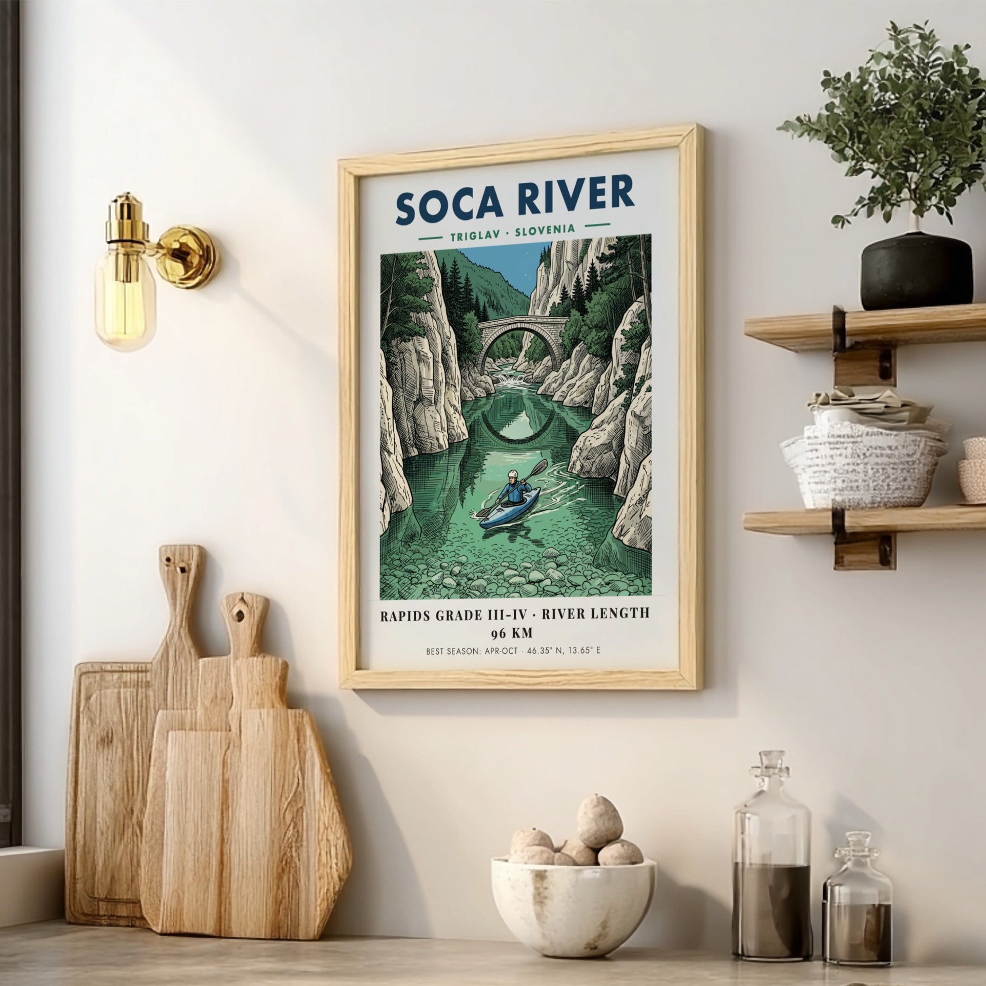 Poster of a kayaker on the turquoise Soca River beneath a stone bridge