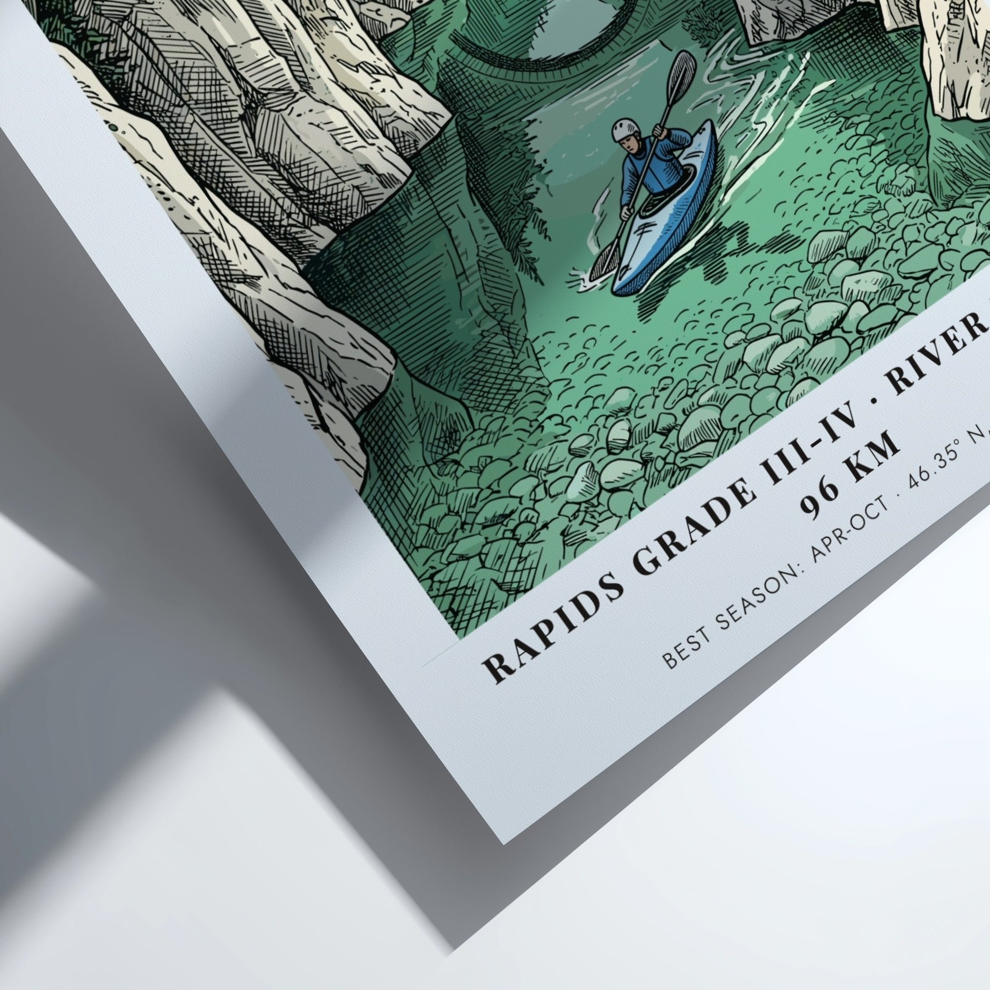 Poster of a kayaker on the turquoise Soca River beneath a stone bridge