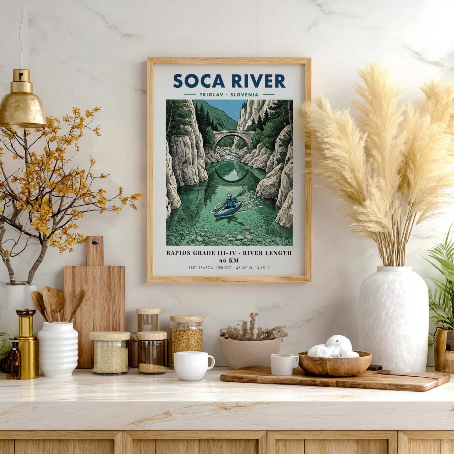 Poster of a kayaker on the turquoise Soca River beneath a stone bridge