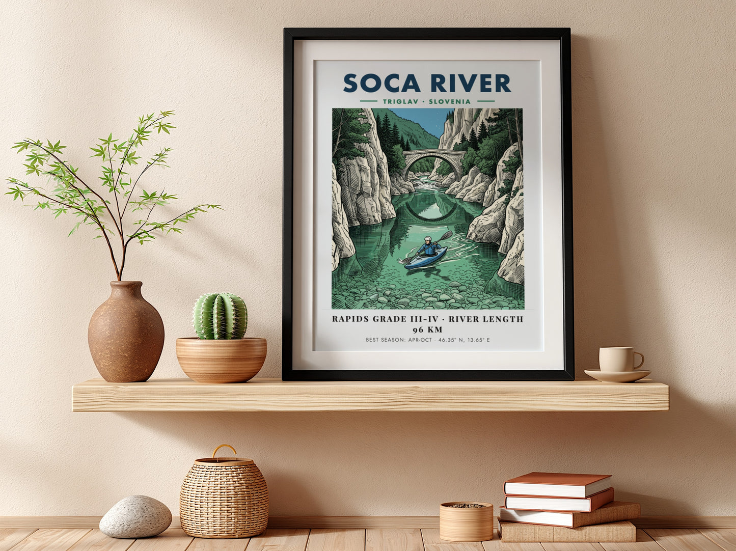 Poster of a kayaker on the turquoise Soca River beneath a stone bridge