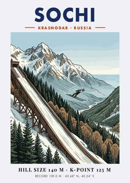 Poster of Sochi Russia featuring a ski jumper launching from a wooden ramp.