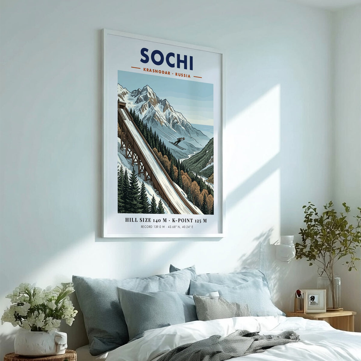 Poster of Sochi Russia featuring a ski jumper launching from a wooden ramp.