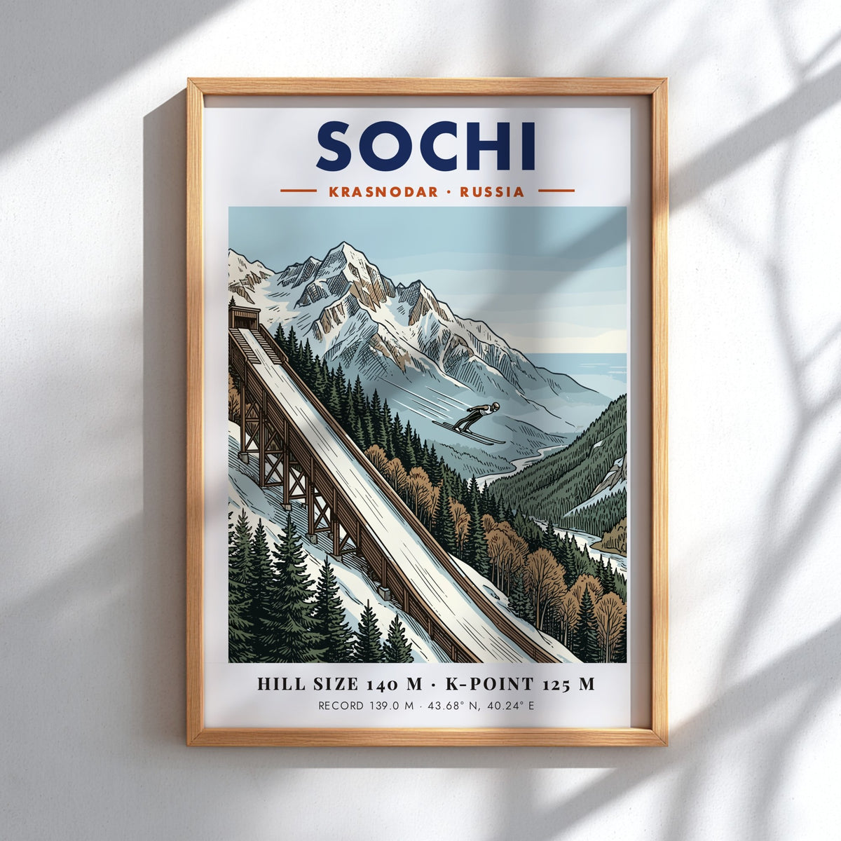 Poster of Sochi Russia featuring a ski jumper launching from a wooden ramp.