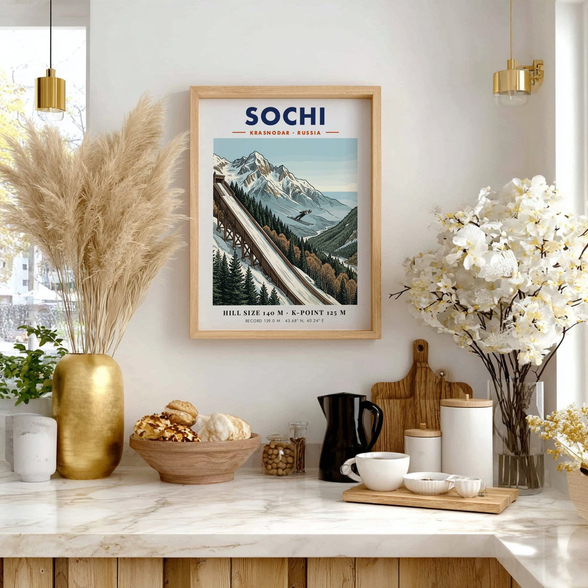 Poster of Sochi Russia featuring a ski jumper launching from a wooden ramp.