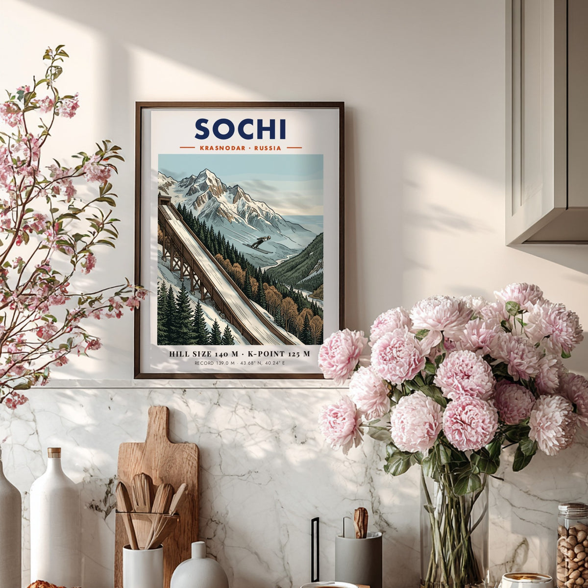 Poster of Sochi Russia featuring a ski jumper launching from a wooden ramp.