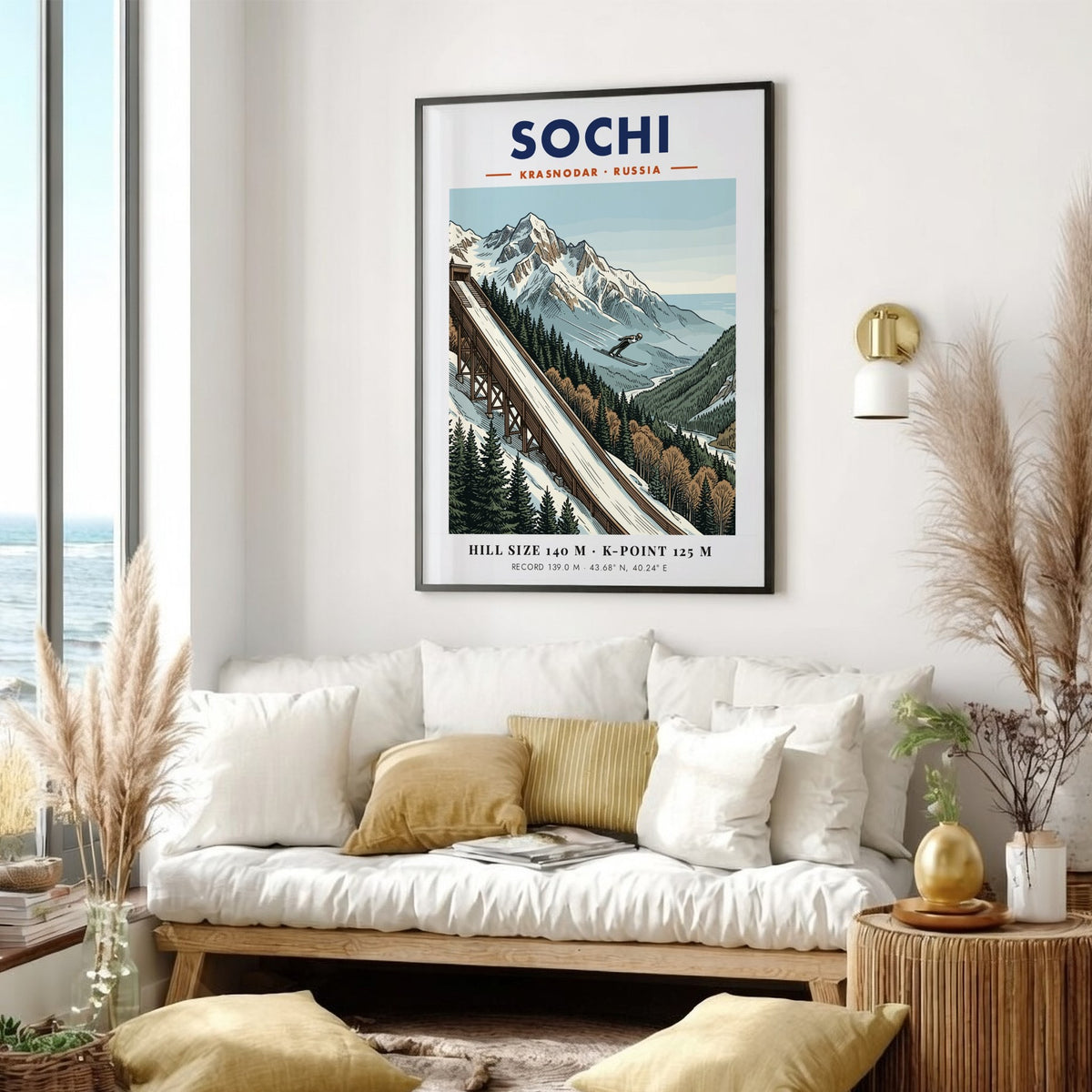 Poster of Sochi Russia featuring a ski jumper launching from a wooden ramp.