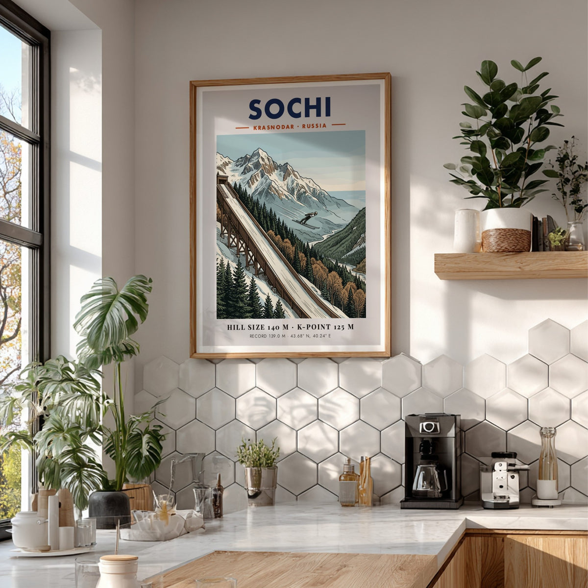 Poster of Sochi Russia featuring a ski jumper launching from a wooden ramp.