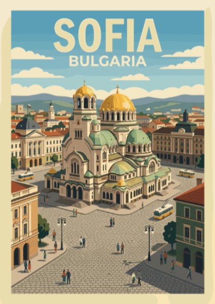 Sofia Bulgaria travel poster showing the golden domed cathedral and a yellow trolley.
